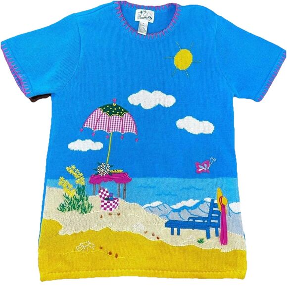 Vintage Beach Scene Knit Sweater Blue Summer Embroidered novelty Tunic Top Sz S - Picture 2 of 9
